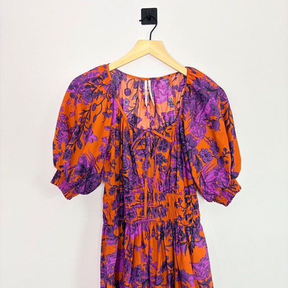 Anthropologie Somerset Floral Puff Sleeve Tiered Maxi Dress Orange Purple S Boho - Picture 3 of 11